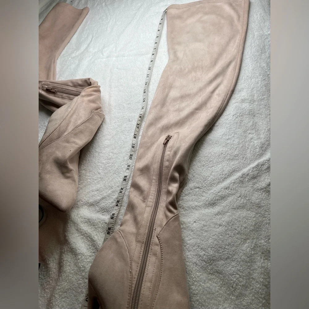 PRETTY LITTLE THING 8 Blush Pink Mobwife Faux Suede Thigh High Heel Boots